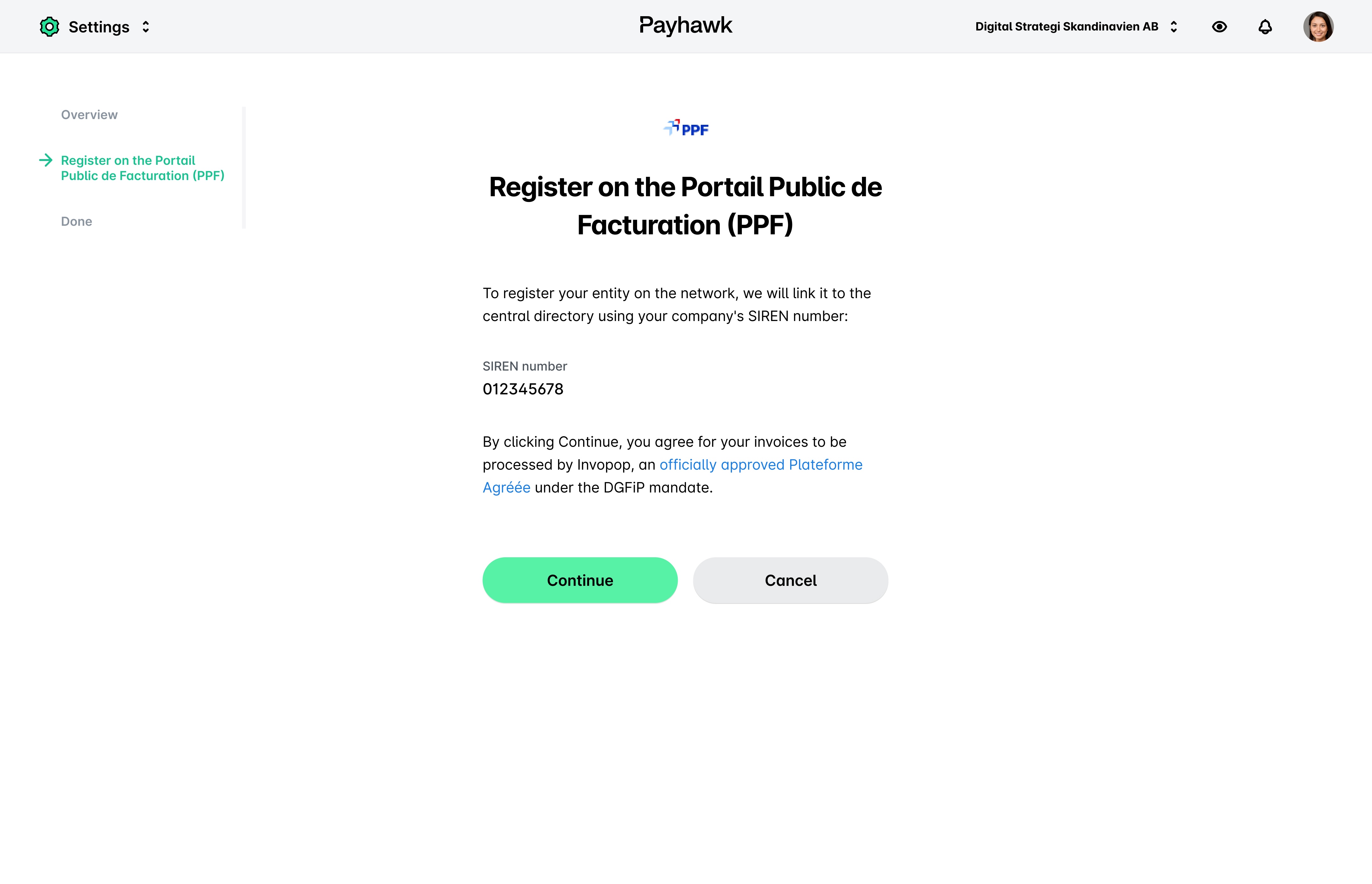 Instructions for registering on the Portail Public de Facturation with SIREN number.