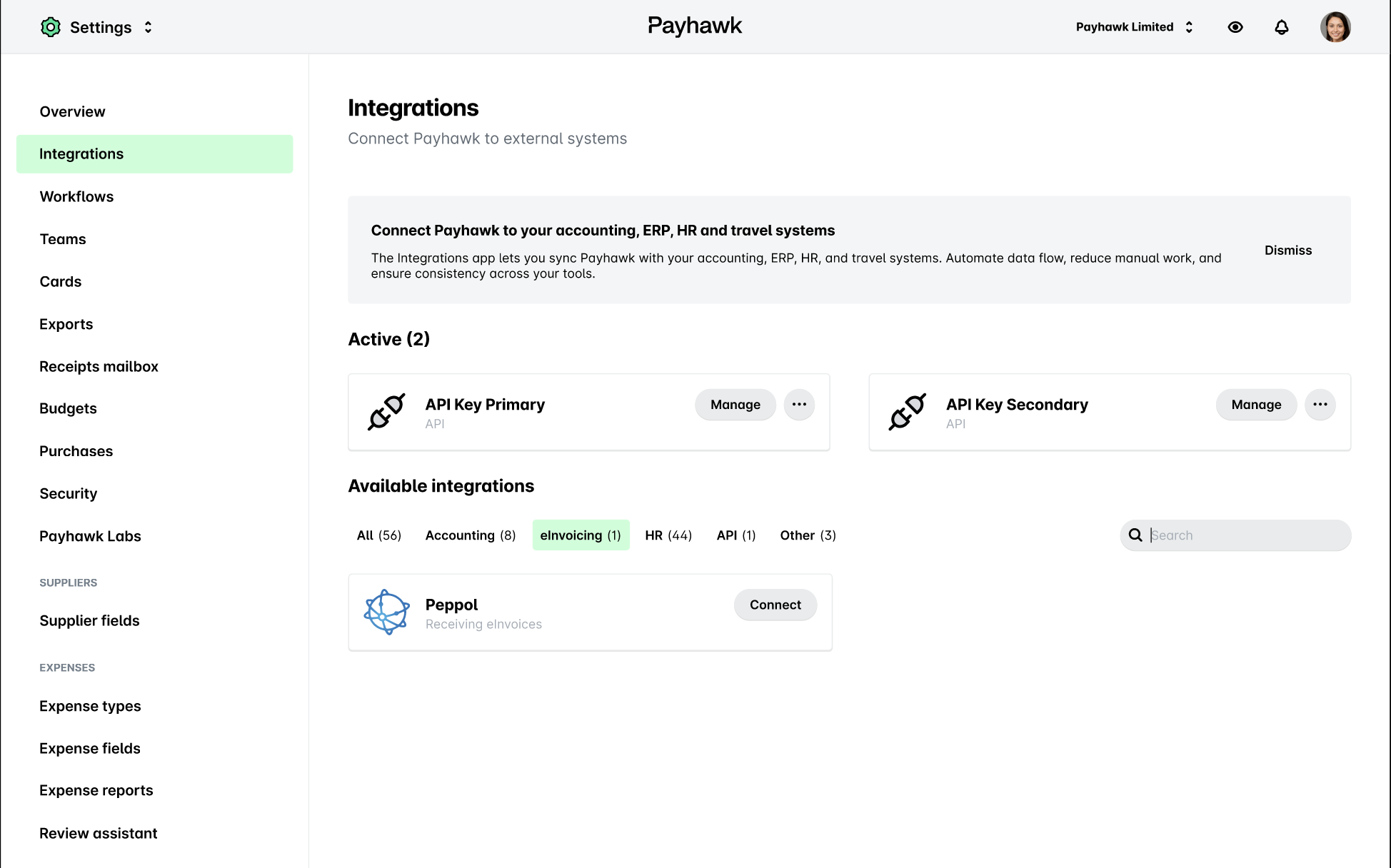 Payhawk integrations page showing active and available API connections for external systems.