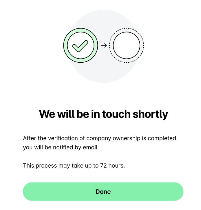 Confirmation process for company ownership verification with email notification details provided.