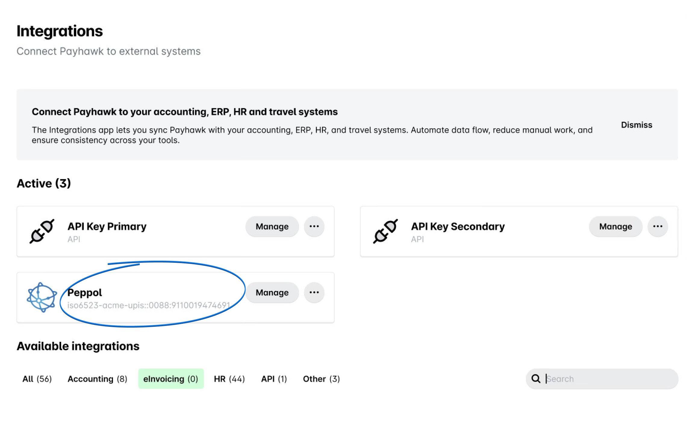 Payhawk integrations page showing active API keys and Peppol connection details.
