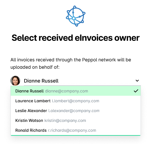 Dropdown menu to select invoice owner with highlighted name and email addresses.