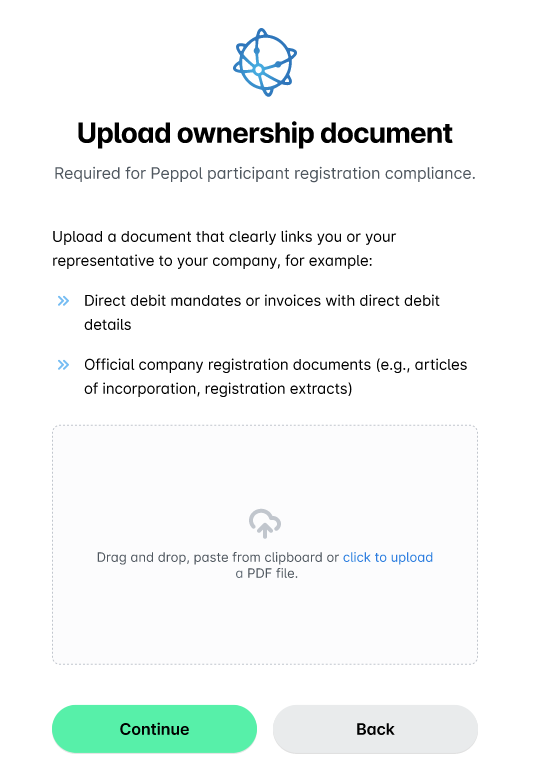 Instructions for uploading ownership documents for Peppol registration compliance.