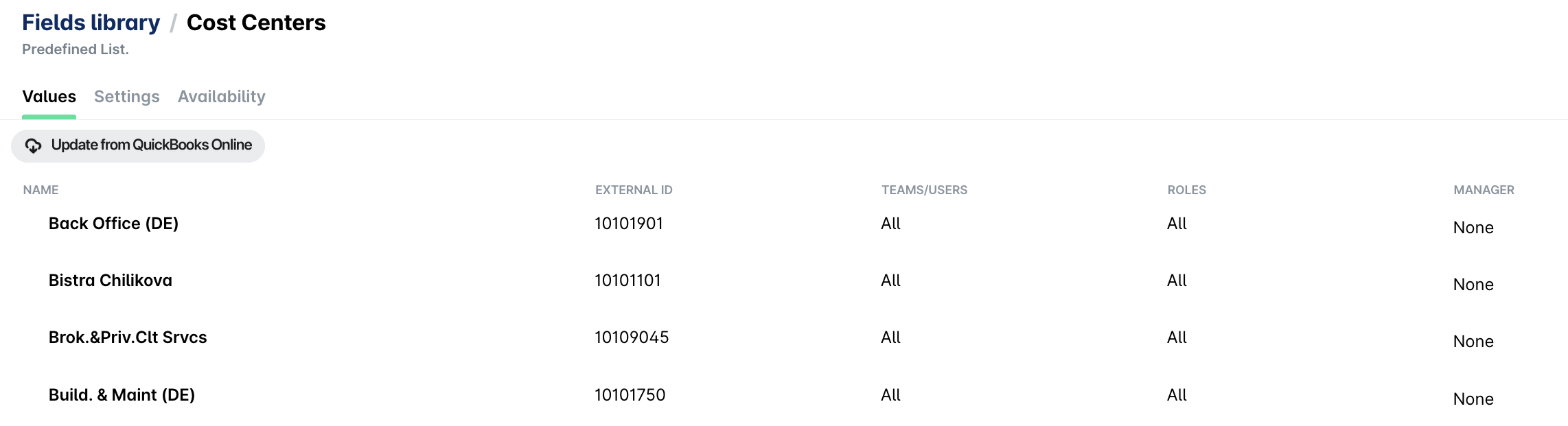 Page Valeurs des centres de coûts dans le portail Web Payhawk avec le bouton pour mettre à jour à partir de QuickBooks Online