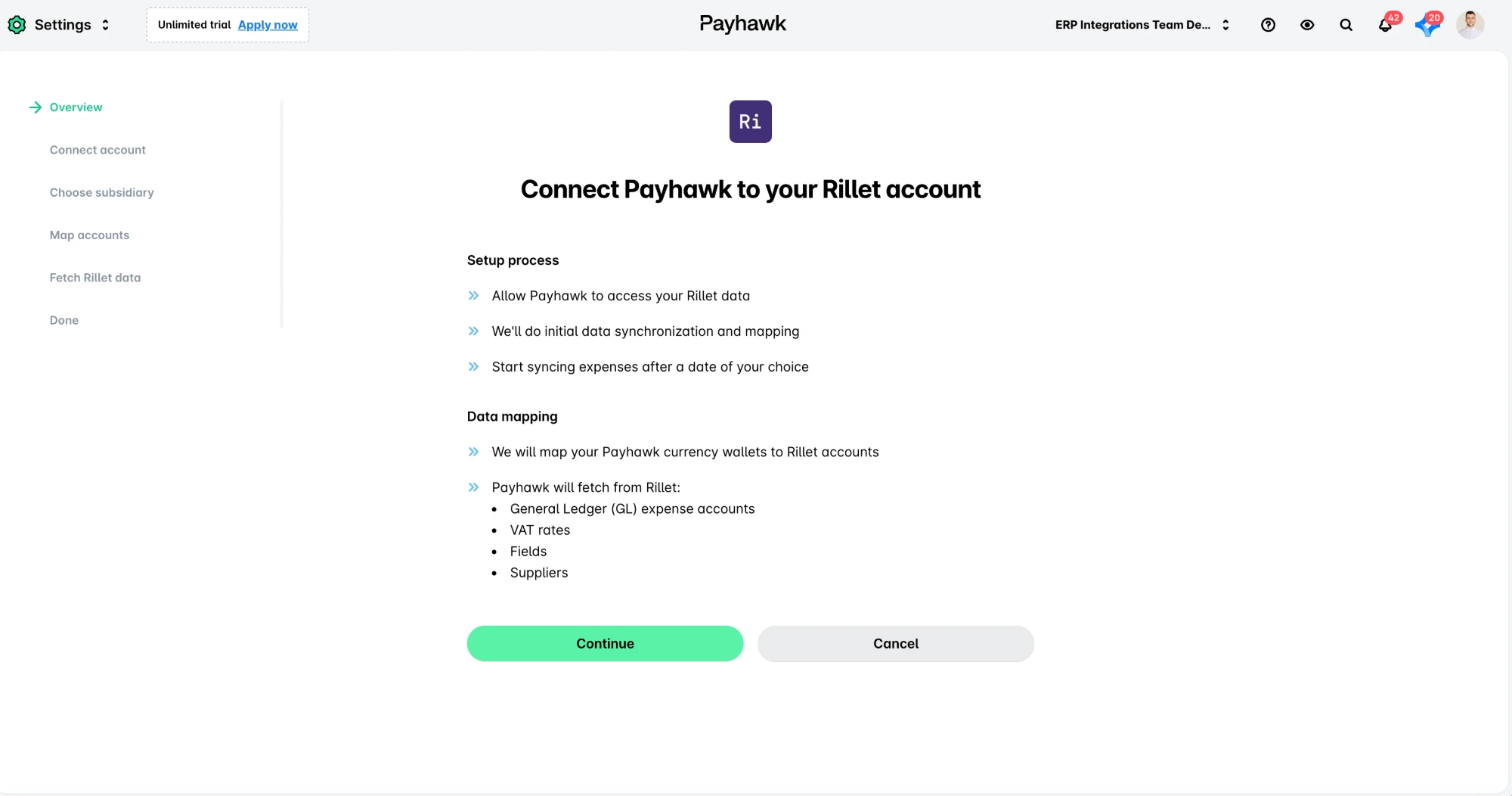 Overview step of the Rillet connection setup in Payhawk, listing the setup process and the data Payhawk fetches from Rillet.