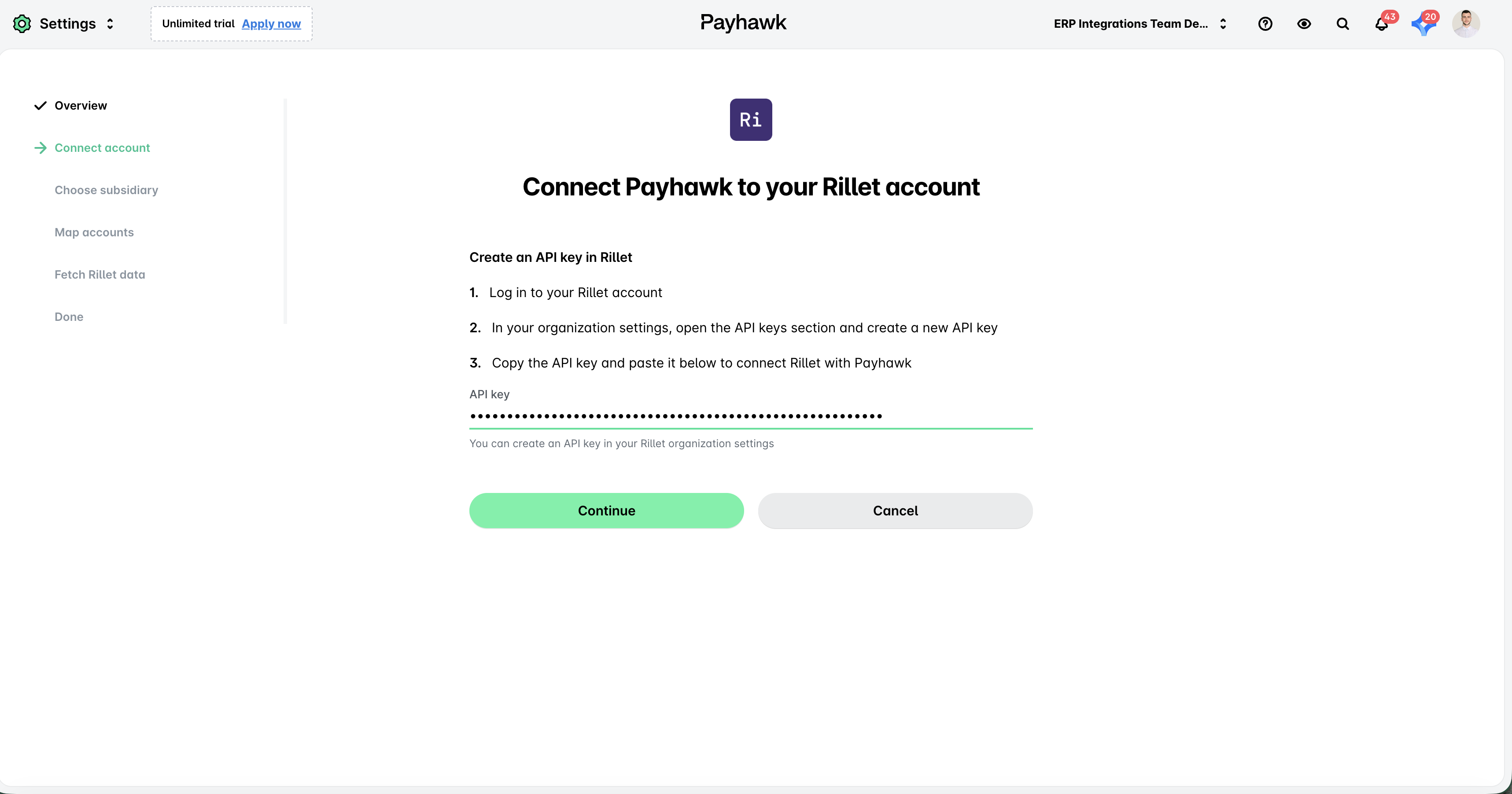 Instructions to connect Payhawk with your Rillet account using an API key.