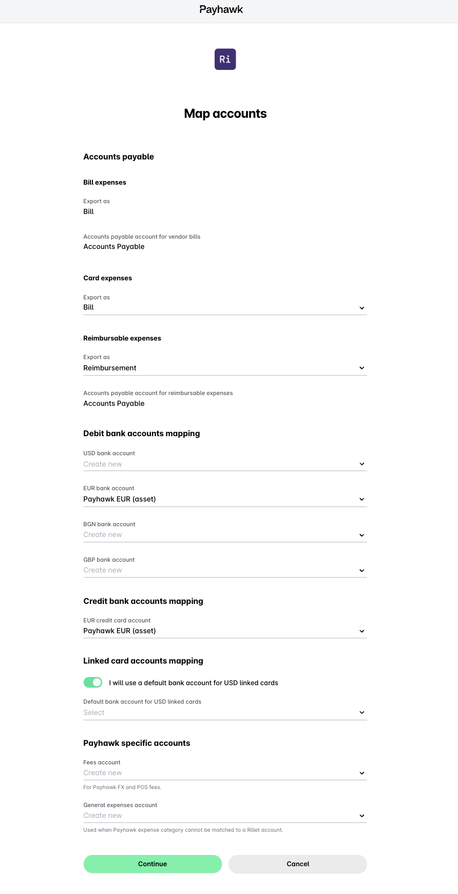 Mapping accounts for expenses, including debit and credit bank accounts in Payhawk.