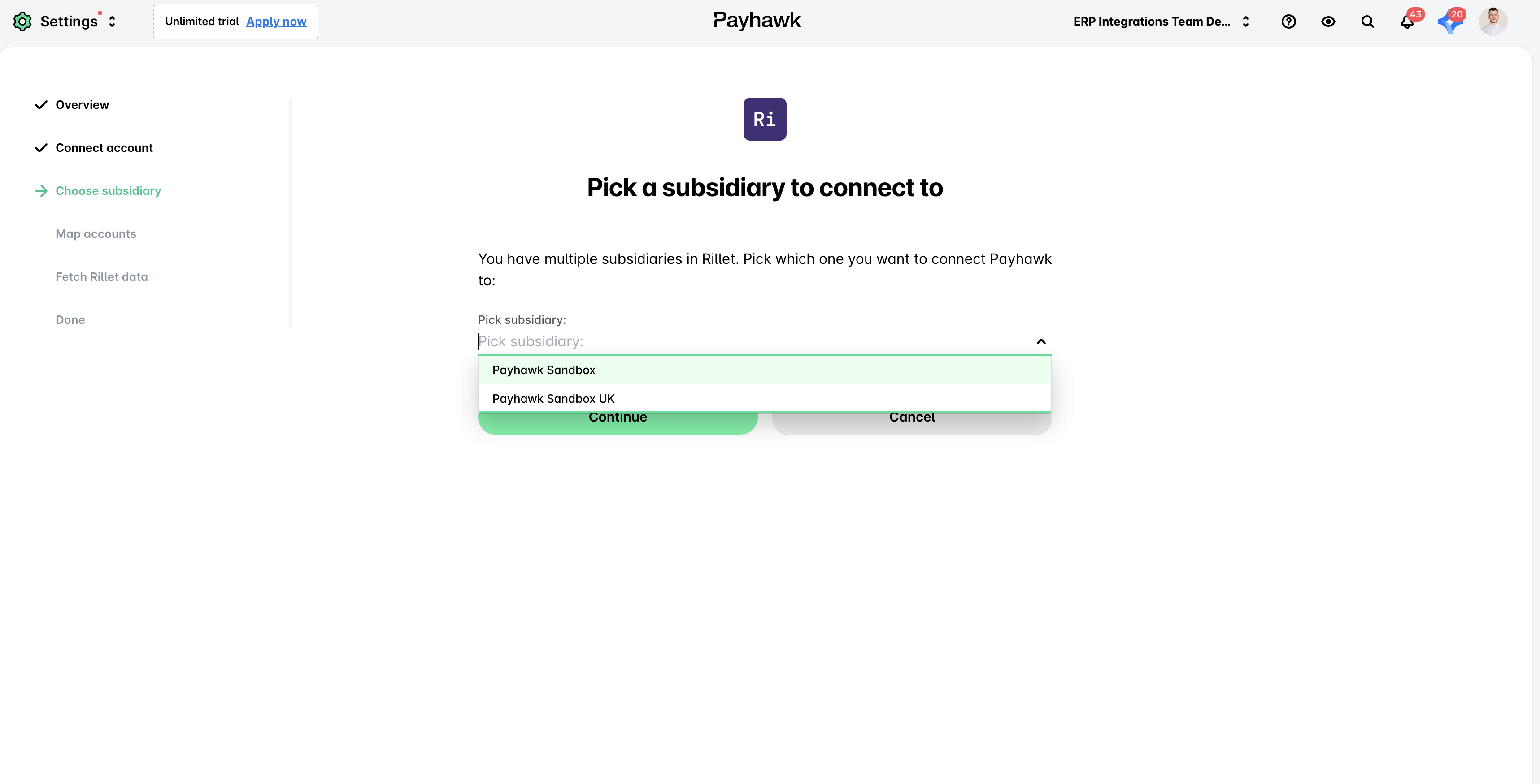 User interface for selecting a subsidiary in Payhawk application settings.