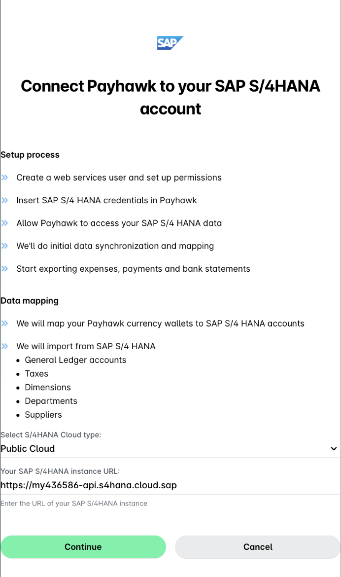 Instructions to connect Payhawk with SAP S/4HANA account for data synchronization.
