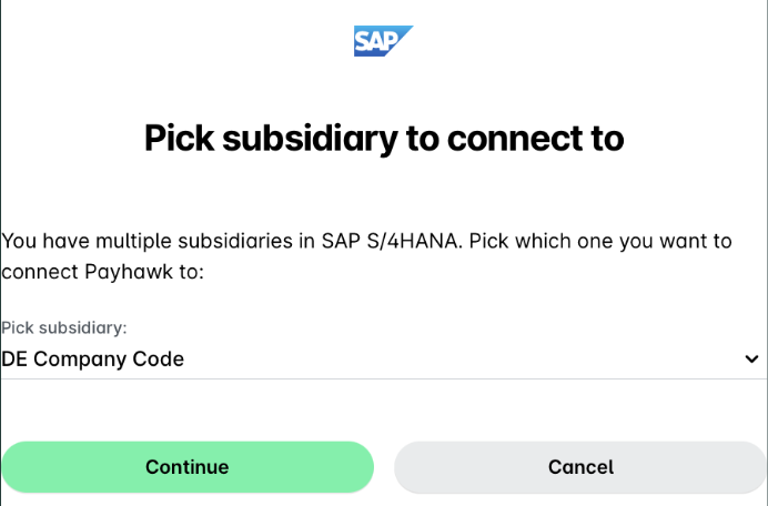 Select a subsidiary in SAP S/4HANA to connect with Payhawk for processing.