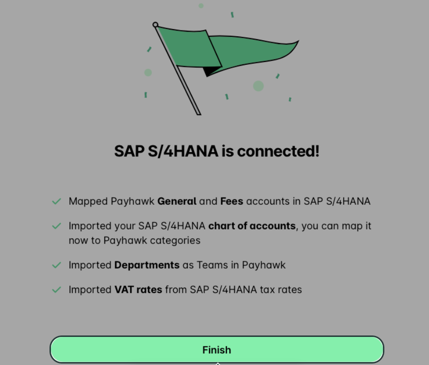 SAP S/4HANA successfully connected with Payhawk, displaying various imported account details.