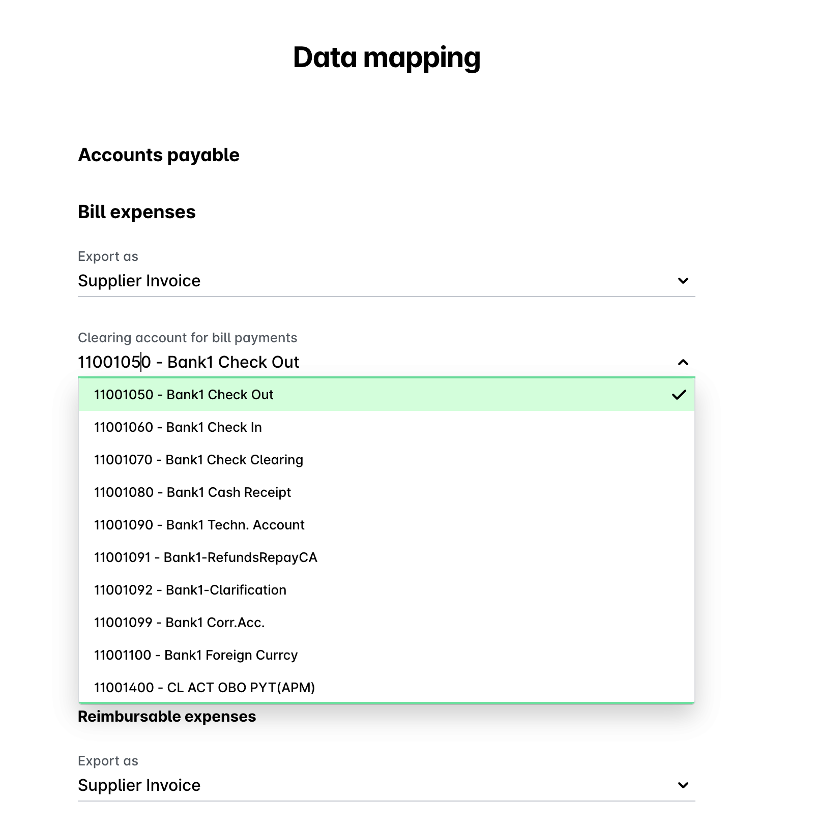 Data mapping for accounts payable with highlighted bank check out option selected.