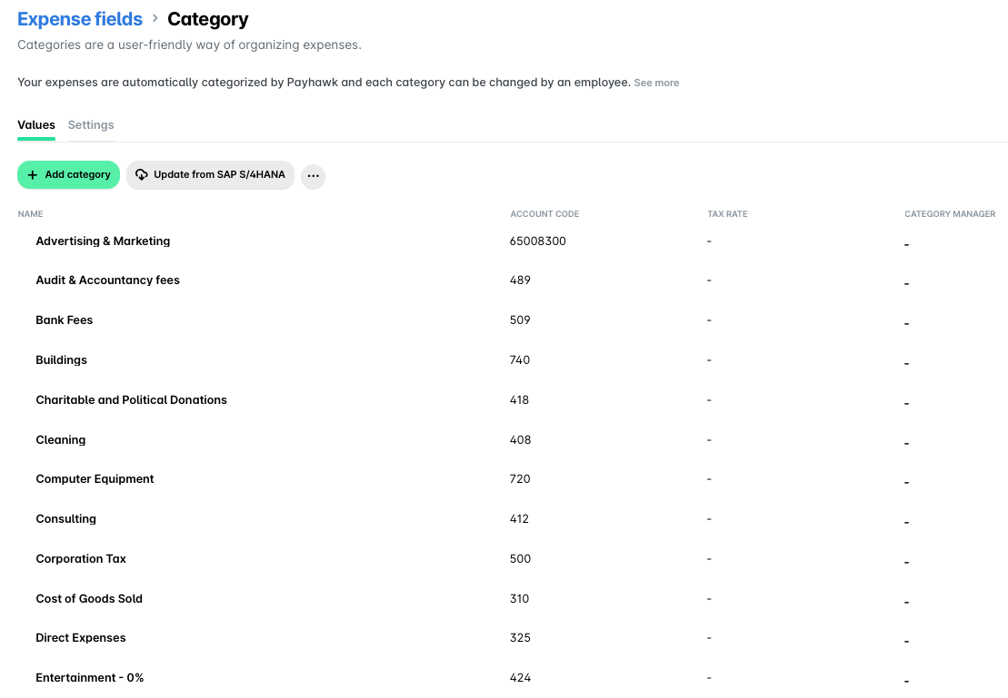 Expense categories listed with account codes and tax rates for financial management.