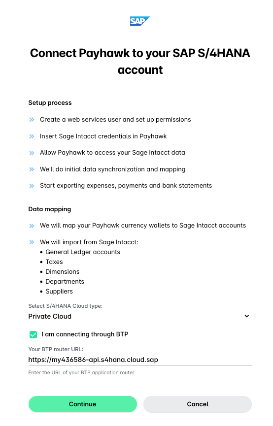 Instructions for connecting Payhawk to SAP S/4HANA account with setup steps listed.