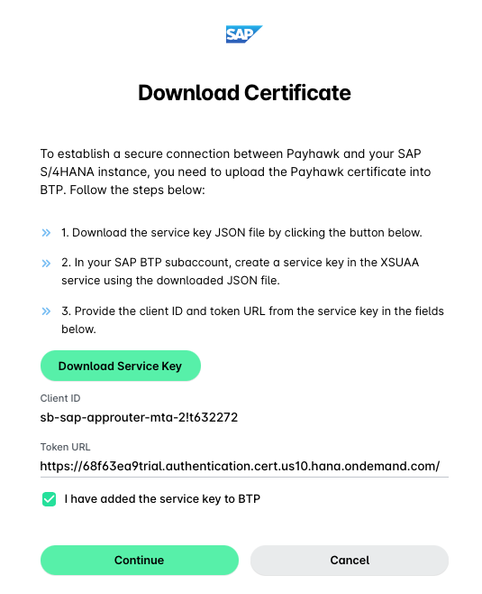 Instructions for downloading a service key and connecting Payhawk to SAP S/4HANA.
