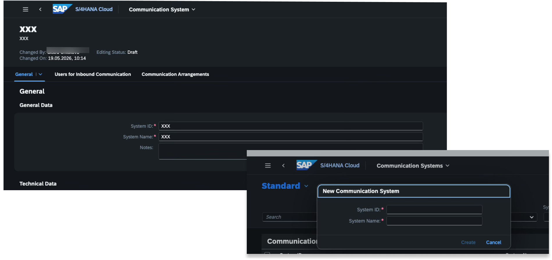 Interface for creating a new communication system in SAP S/4HANA Cloud.