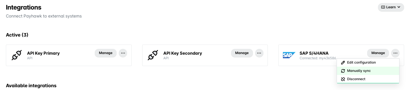 Integration options for Payhawk, including API keys and SAP S/4HANA connection management.