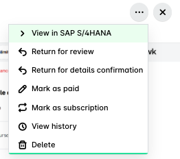 Menu options for managing tasks in SAP S/4HANA, including review and payment actions.