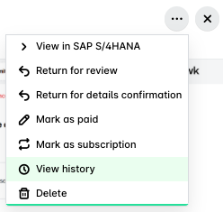 Menu options including 'View history' and 'Delete' in a software interface.