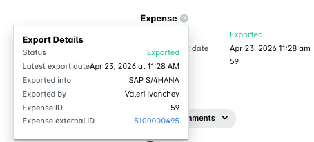 Export details showing status, date, and identifiers for expense management.