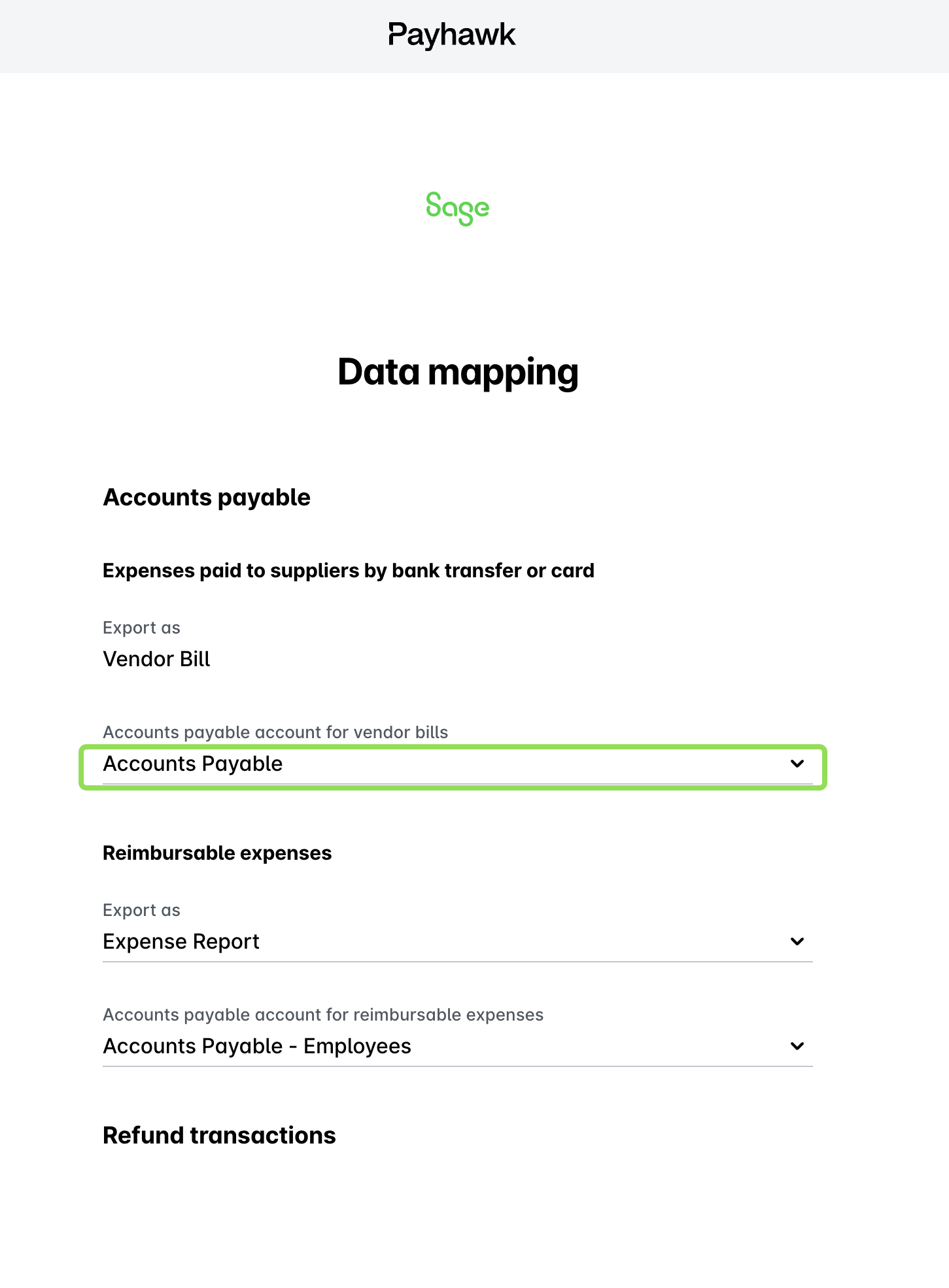 Payhawk Data mapping page with the Accounts payable account for vendor bills set to Accounts Payable