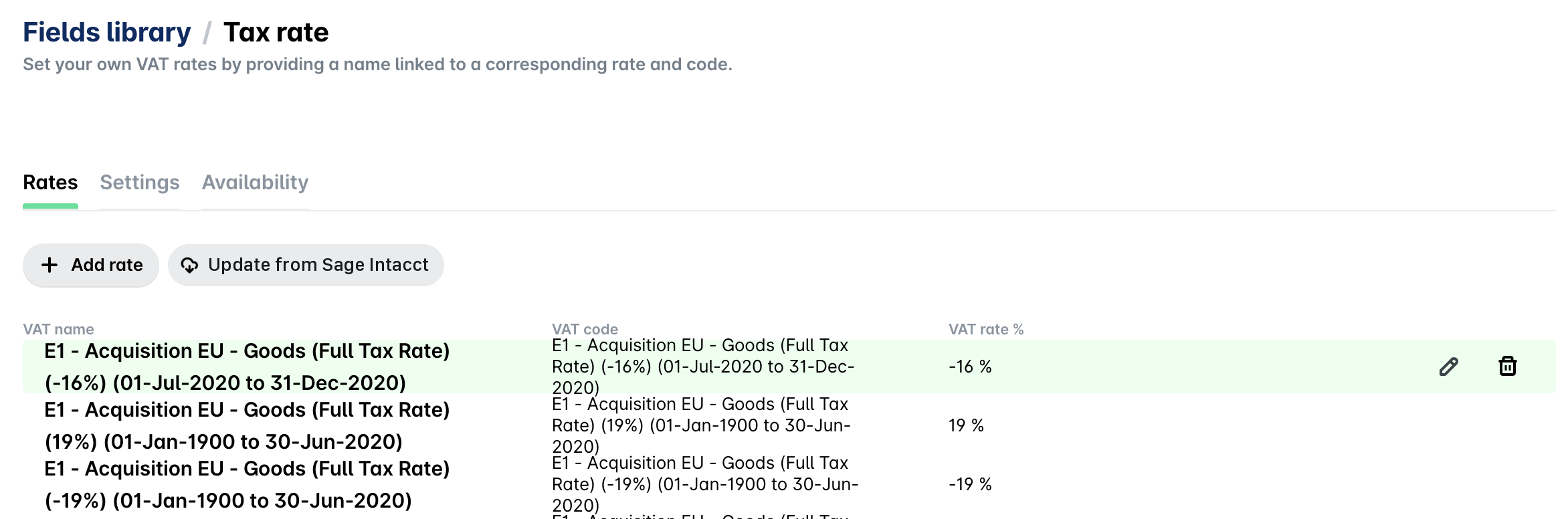 La página Tipo de impuesto en la Biblioteca de campos de Payhawk, que muestra los botones Añadir tipo y Actualizar desde Sage Intacct encima de la tabla de tipos de IVA.