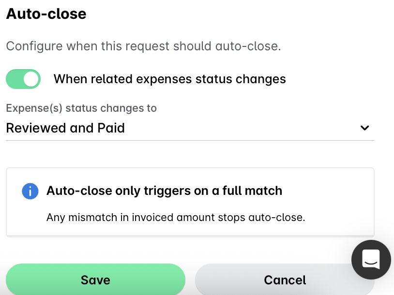 Configuración para el cierre automático de solicitudes de gastos según los cambios de estado y las condiciones.