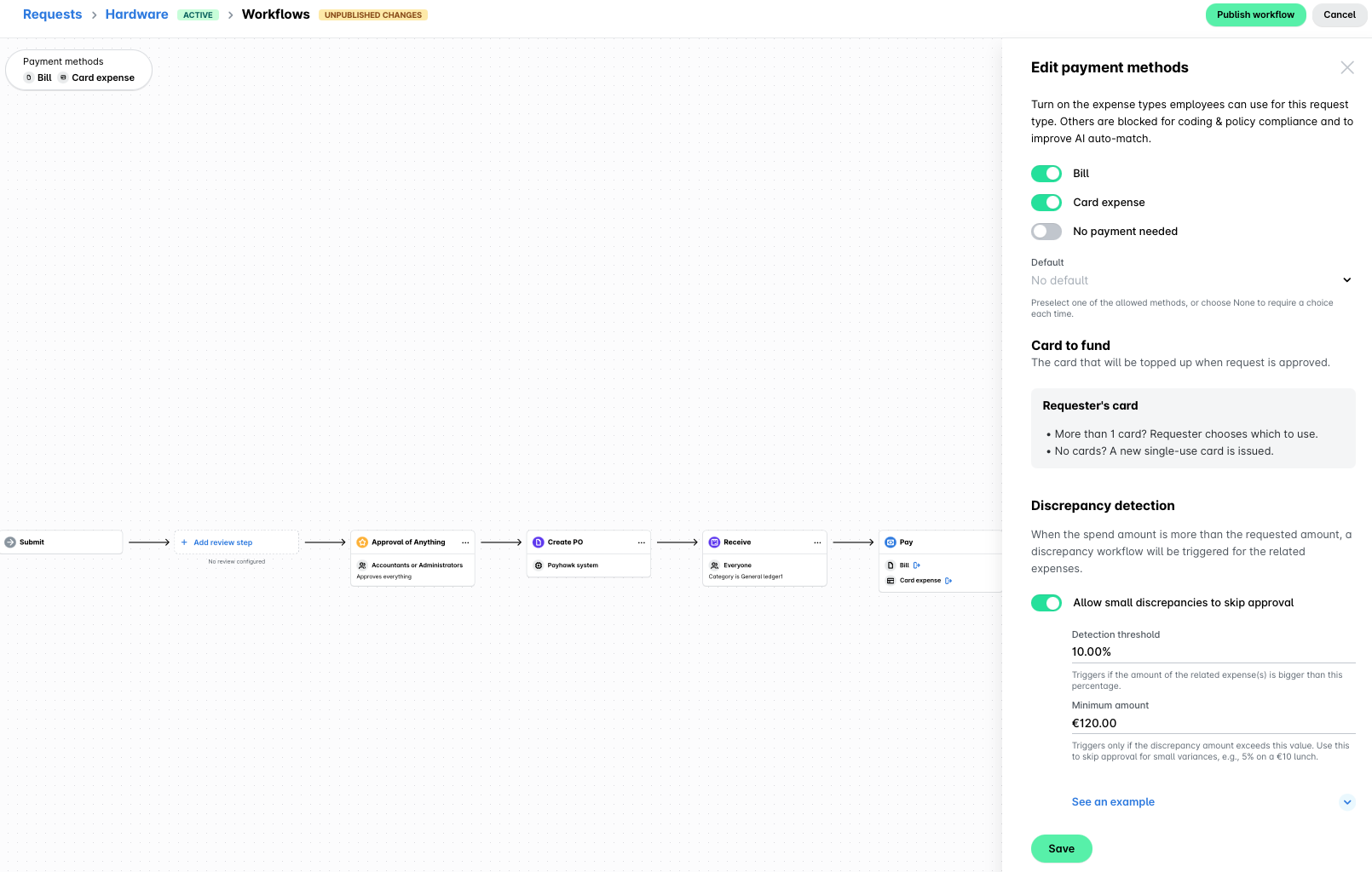 Workflow for editing payment methods with options for bills and card expenses.