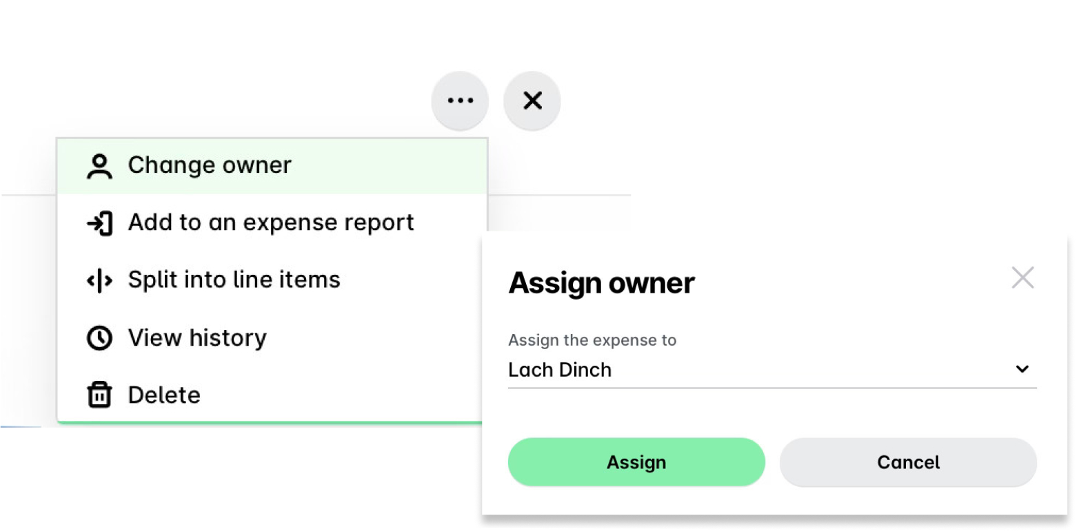 Menu options for assigning an expense to a user in an application interface.