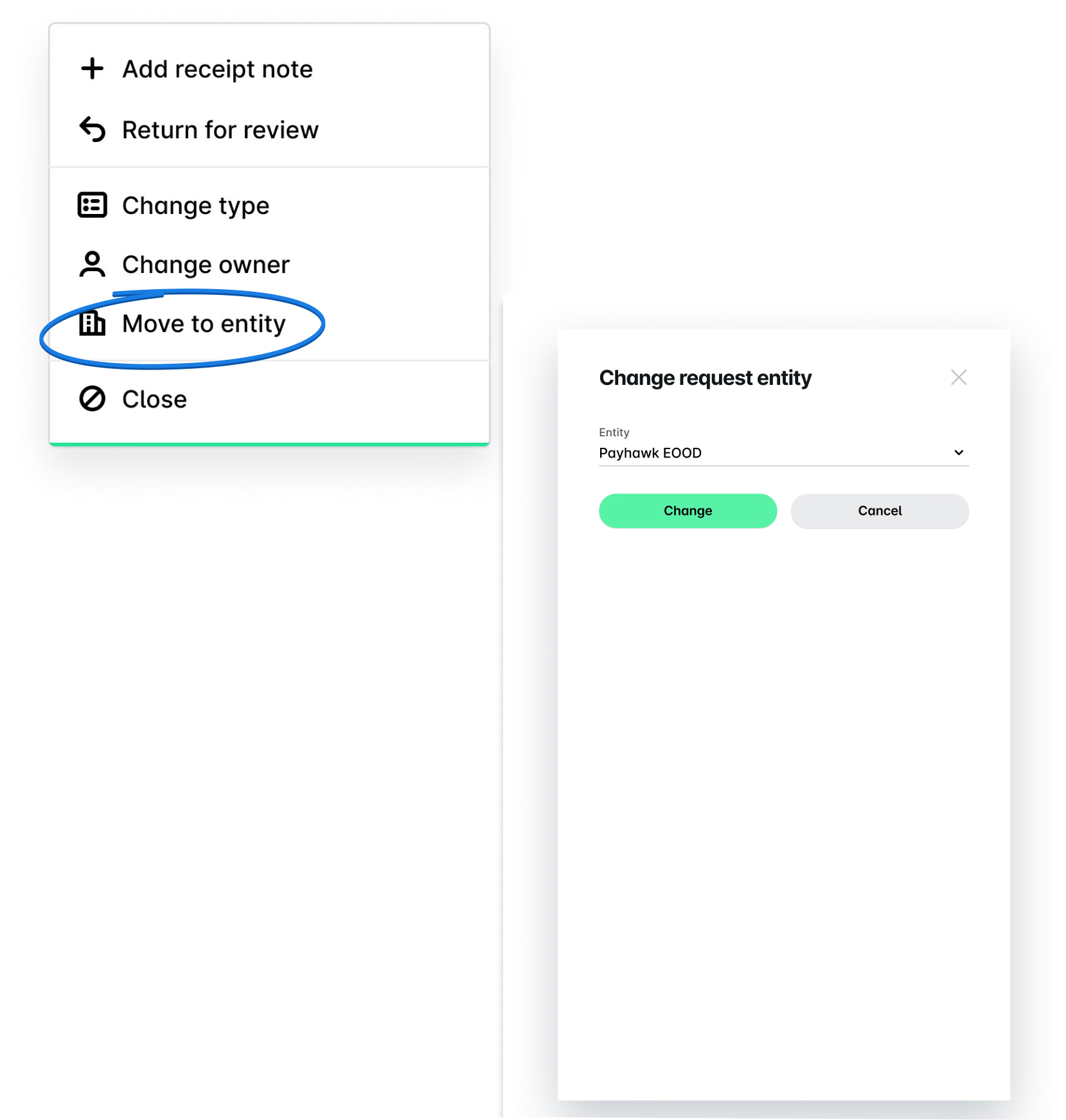 Les options de menu incluent le déplacement vers l'entité et la modification des détails de l'entité de la demande.
