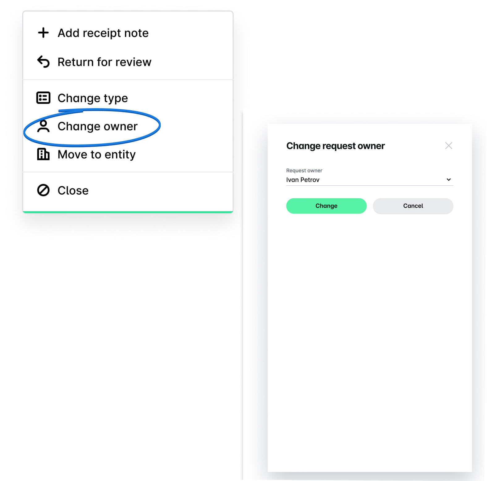Options de menu pour changer le propriétaire d'une demande dans une interface utilisateur.