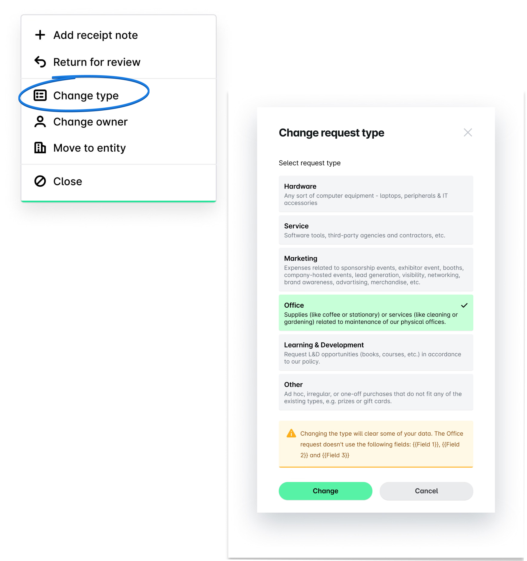 Options de menu pour changer le type de demande avec la sélection du bureau en surbrillance et un message d'avertissement.