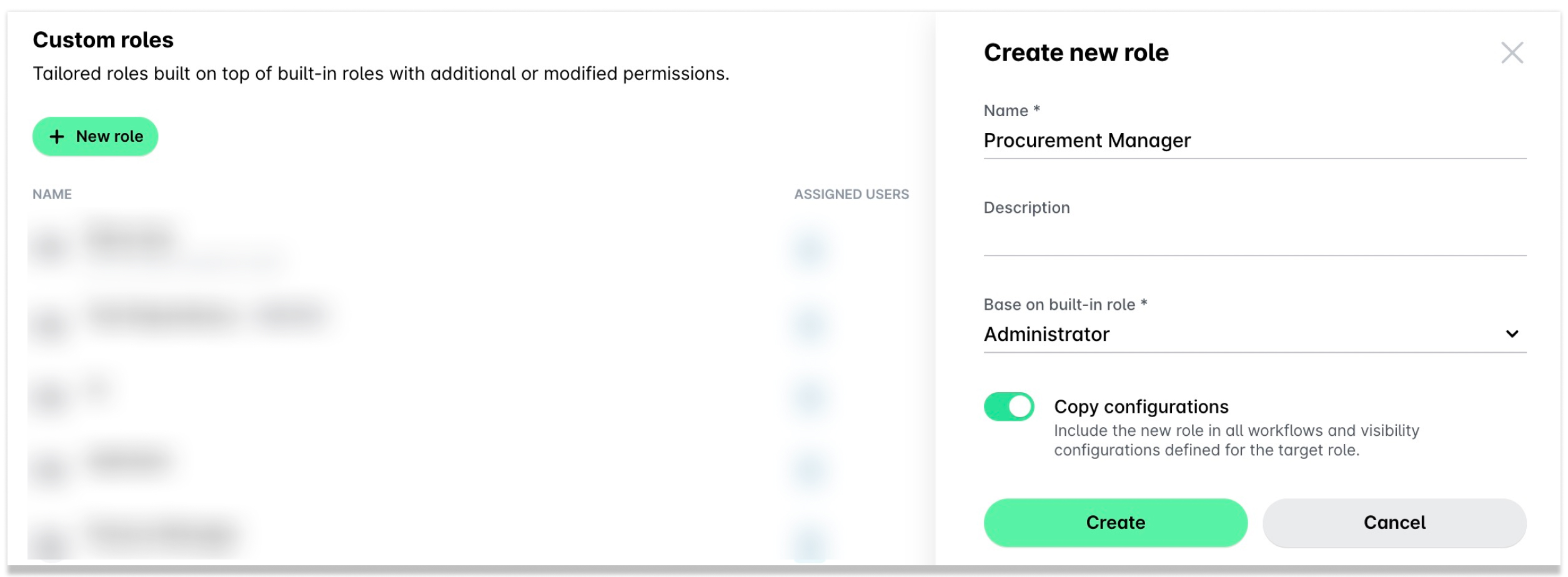 Creating a new role named Procurement Manager with configuration options and user assignments.
