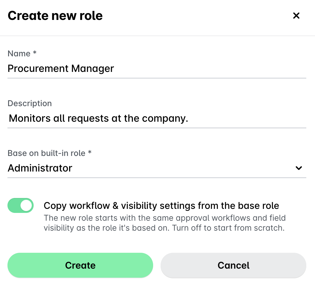 Création d'un nouveau rôle Procurement Manager avec sa description et ses options de configuration.