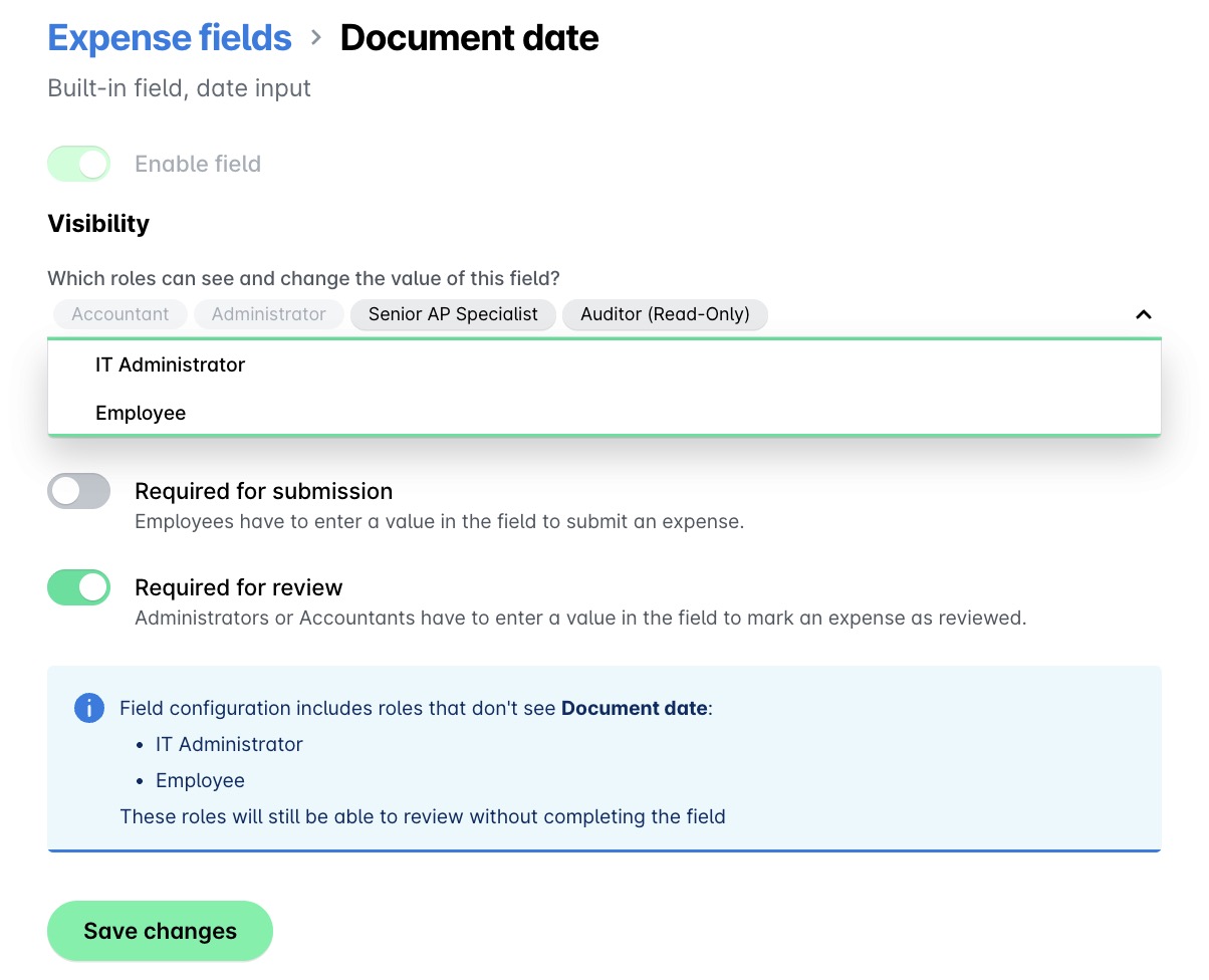 Settings for expense fields, including visibility and submission requirements for roles.