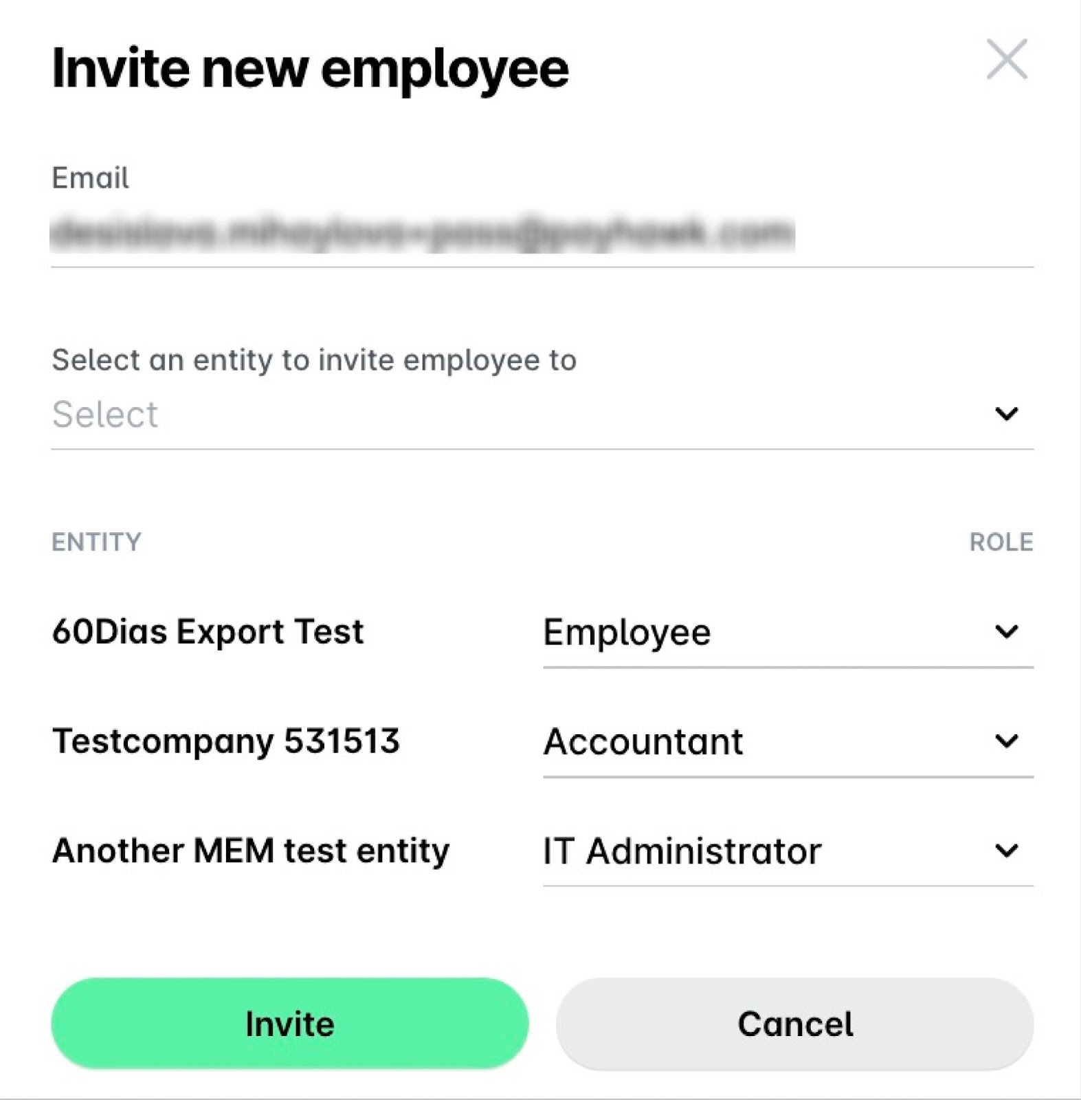 Formular zum Einladen eines neuen Mitarbeiters mit Optionen zur Auswahl von E-Mail und Rolle.