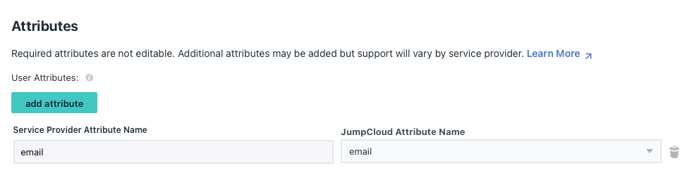 User attributes section showing service provider and JumpCloud attribute names for email.