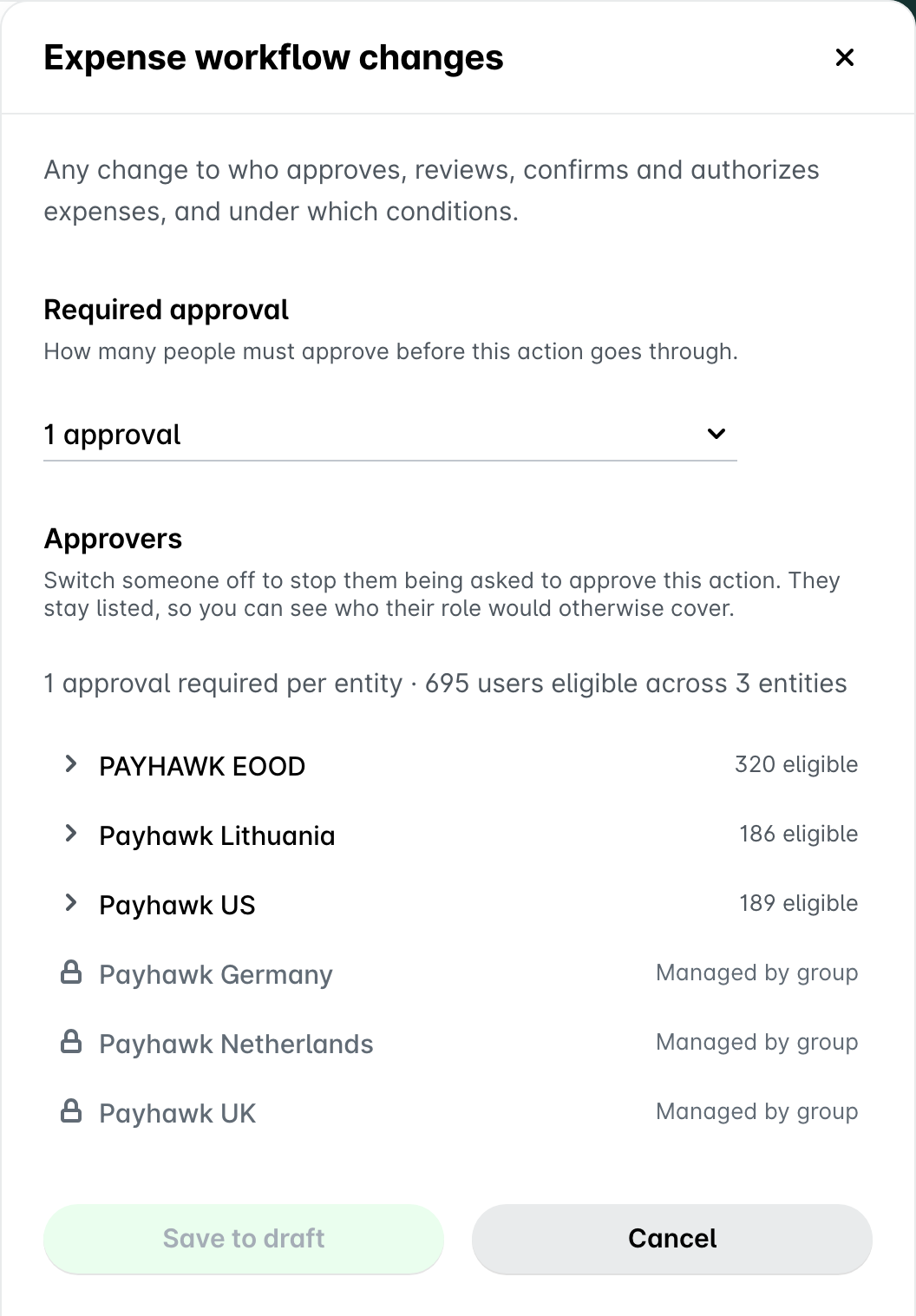 Segregation of duties panel at group level, showing approvers listed per entity and entities that are managed by the group.