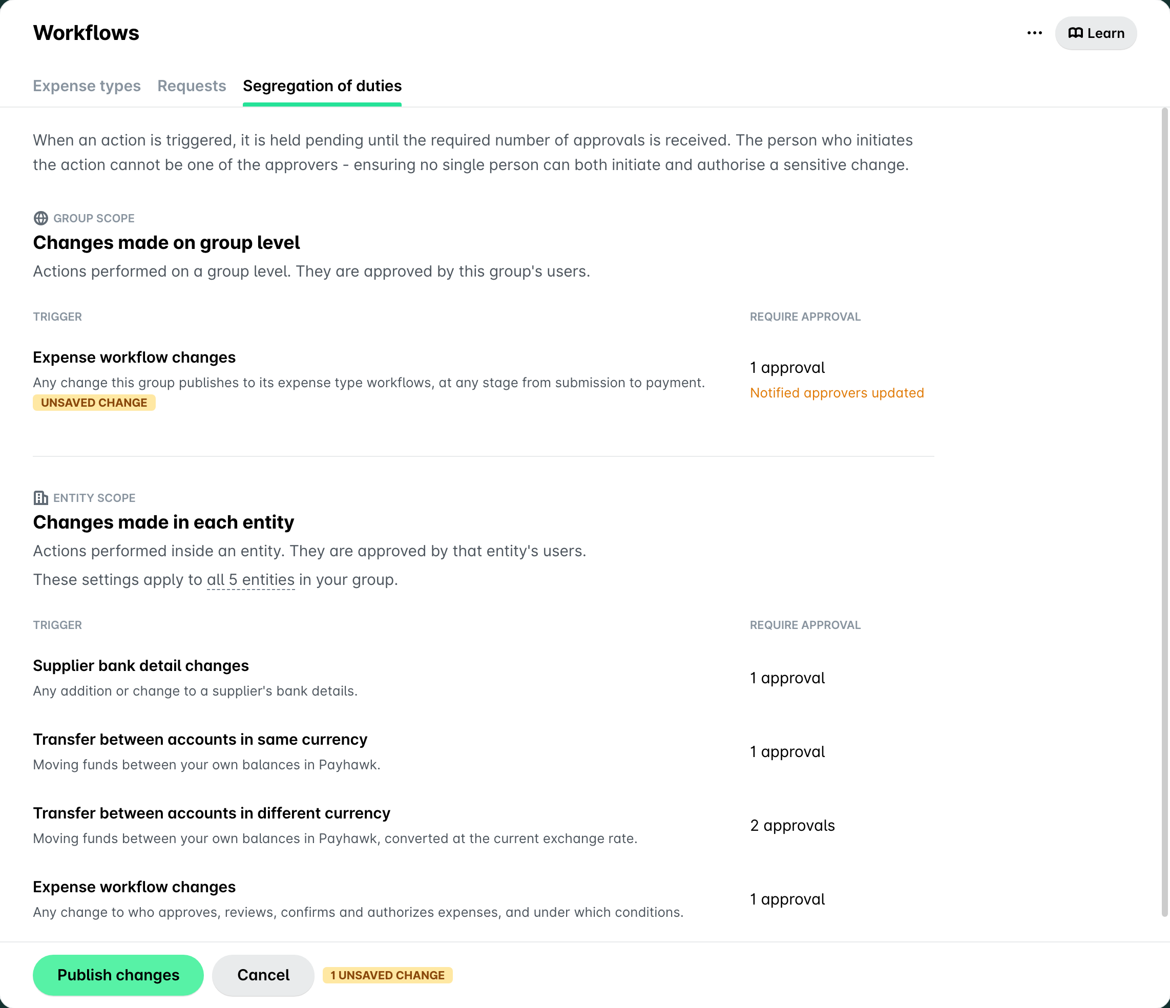 Segregation of duties tab at group level, showing the group scope and entity scope sections and the Publish changes button.