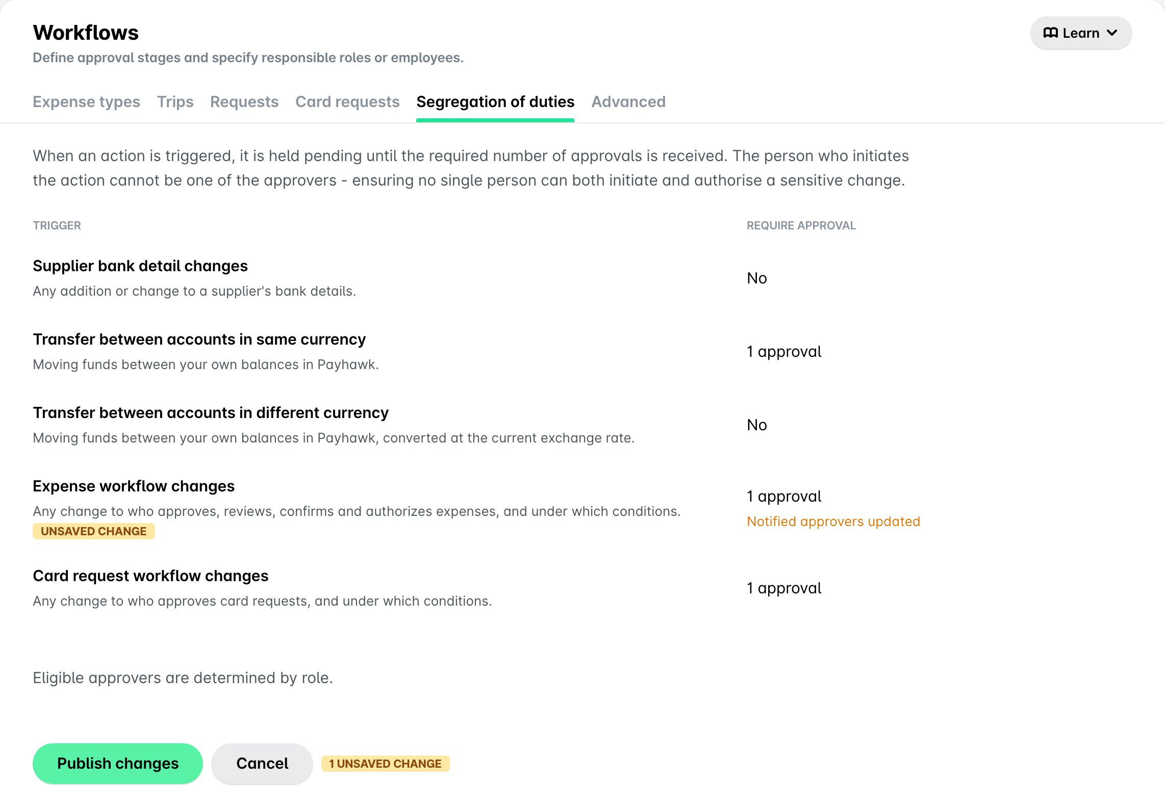 Segregation of duties tab for a single entity, showing an unsaved change on an action and the Publish changes button.