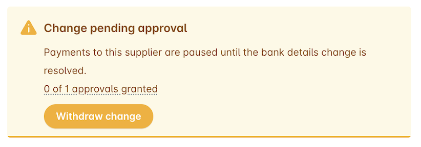 Notification about pending approval for supplier payment due to bank details issue.