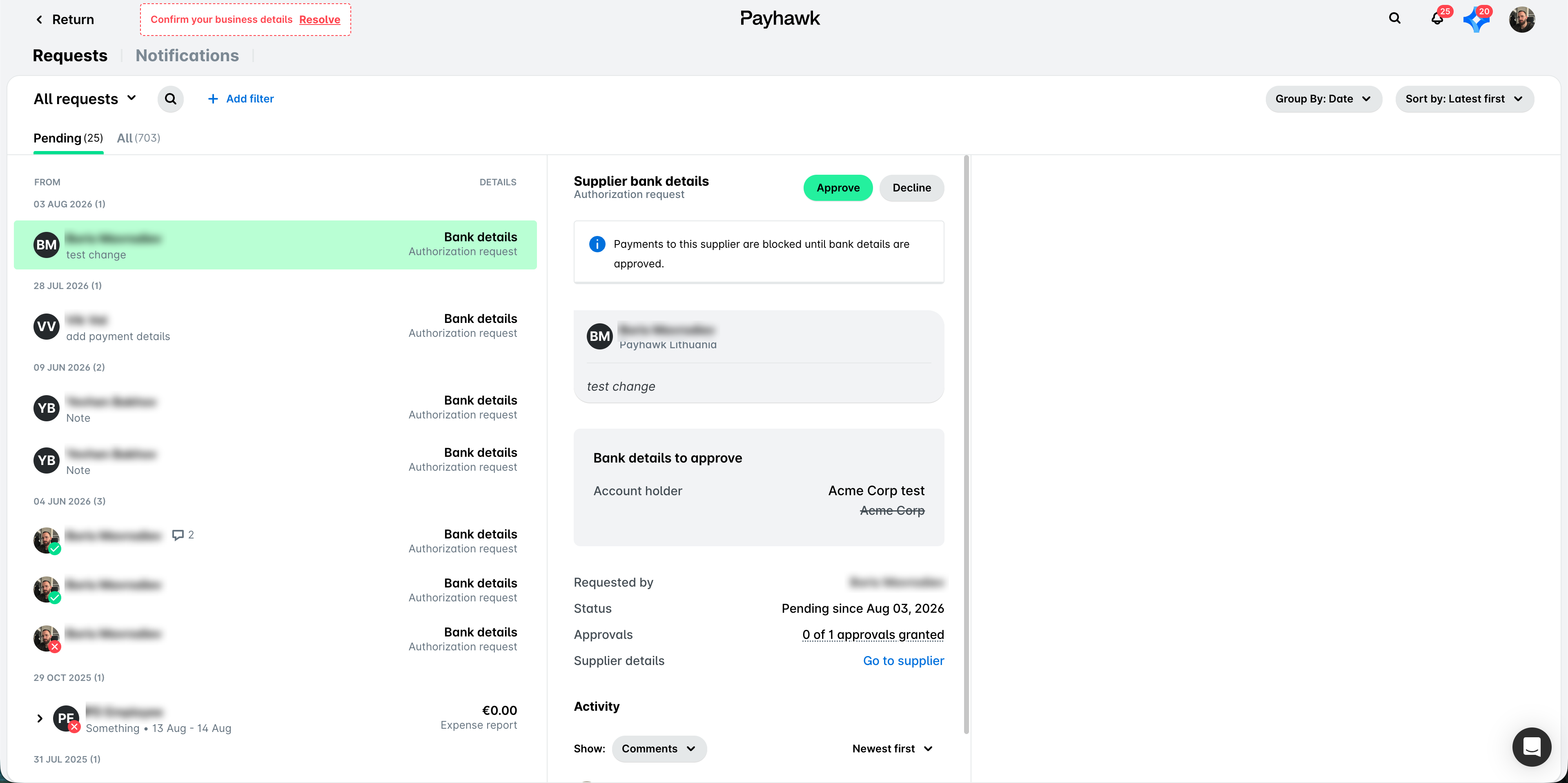 Pending requests for bank details approval in Payhawk interface with highlighted elements.