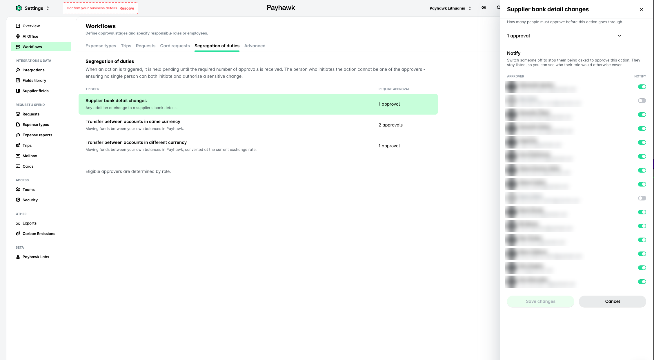 Workflow settings for supplier bank detail changes requiring one approval in Payhawk.