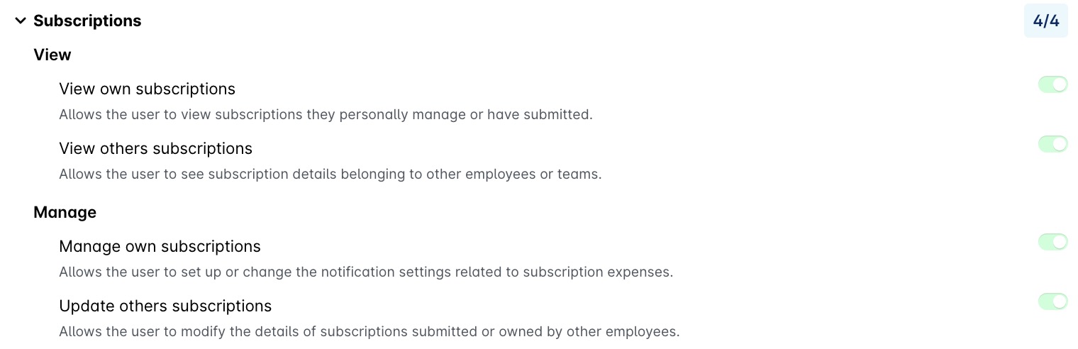 Subscription management options for viewing and updating personal and others' subscriptions.