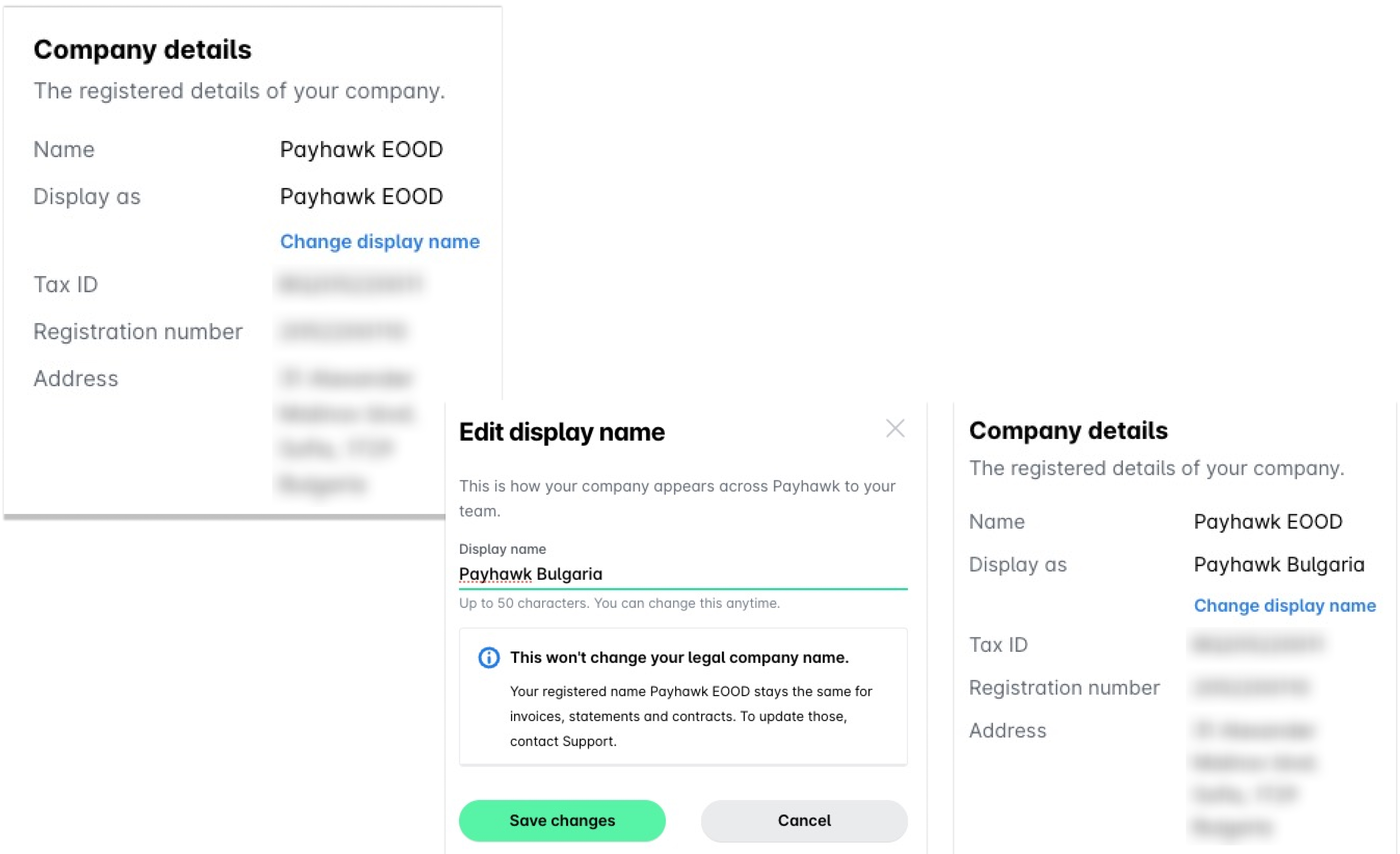 Company details for Payhawk EOOD, including display name and registration information.