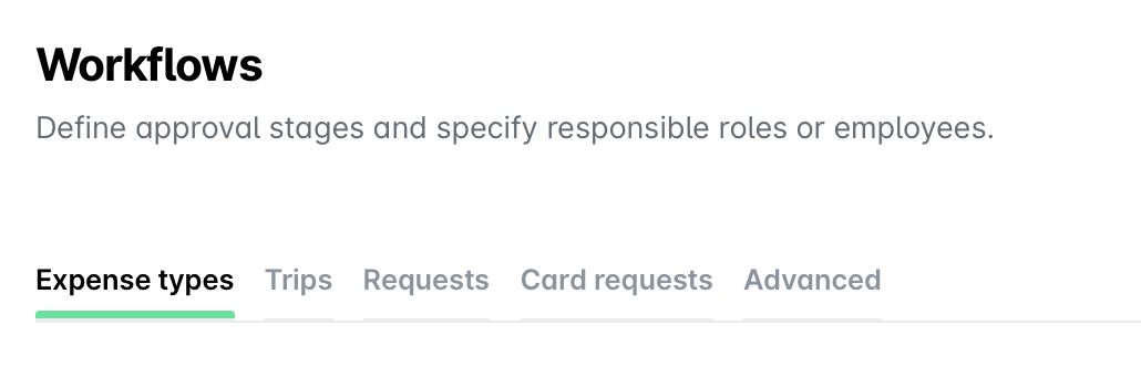 Workflows section detailing approval stages and expense types for management processes.