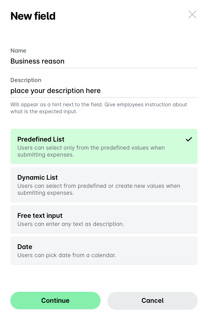 Form fields for business reason, description, and expense submission options are displayed.