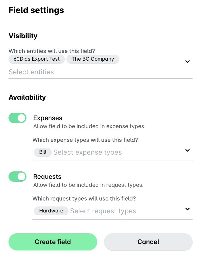 Field settings for visibility and availability options in a software interface.