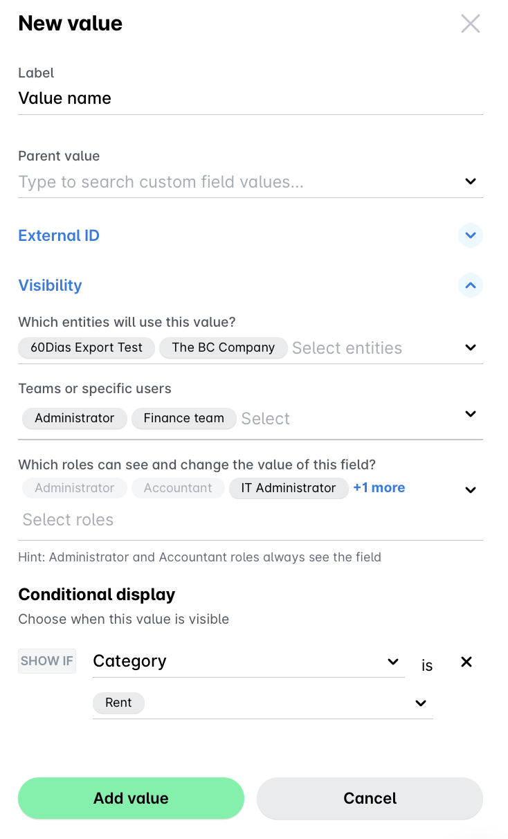 Form for adding a new value with fields for label, visibility, and roles.