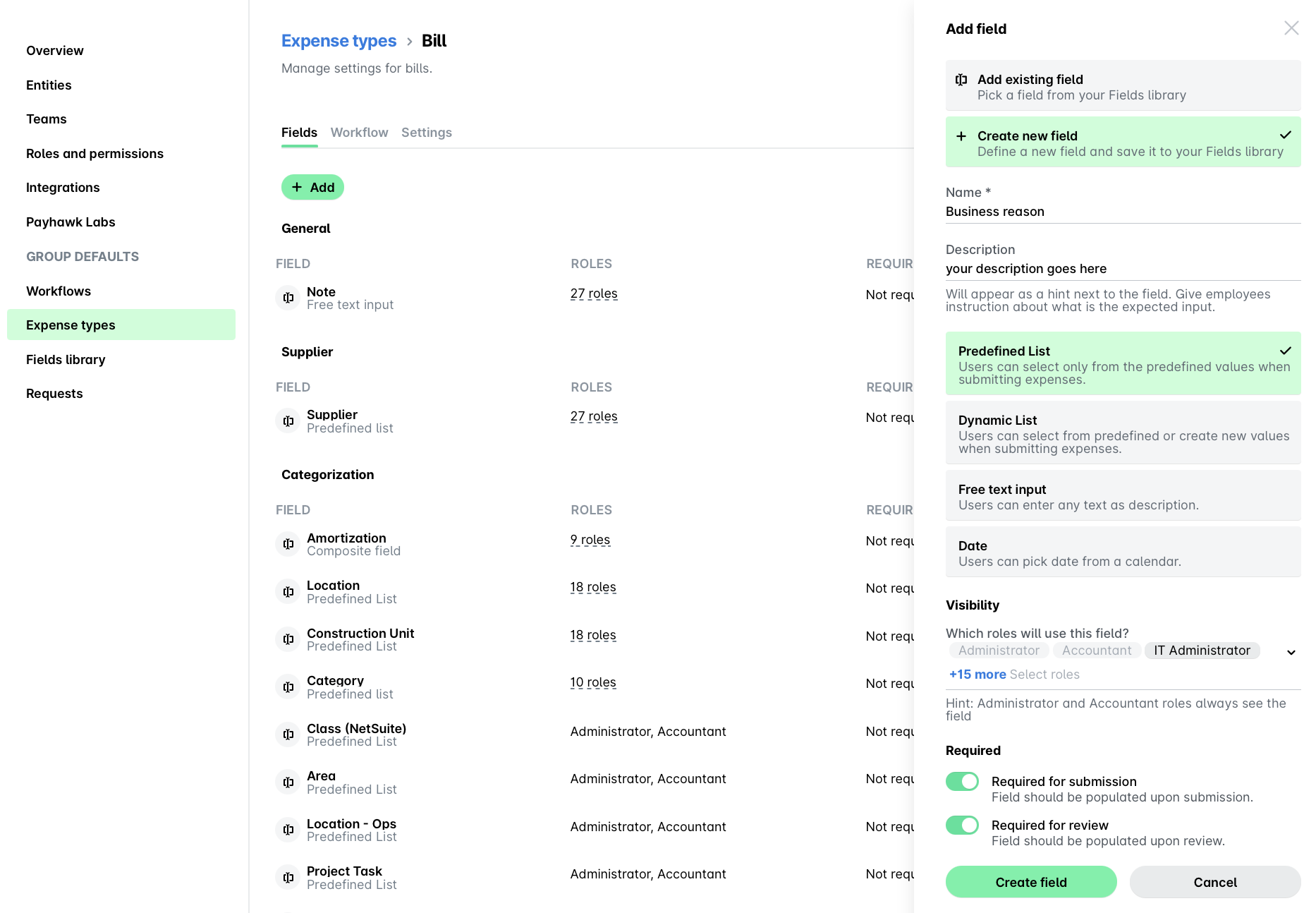 Settings for expense types including fields, roles, and visibility options for bills.