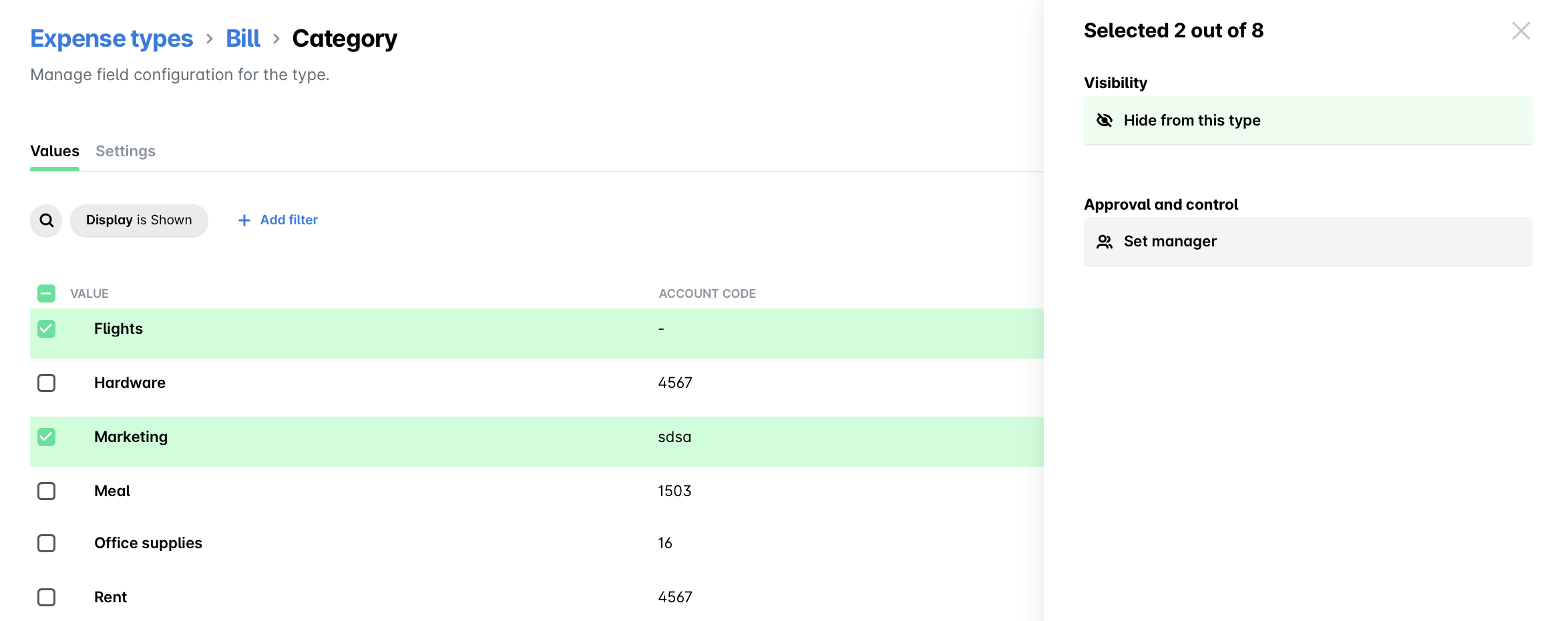 Expense management interface showing selected categories for bills and their account codes.